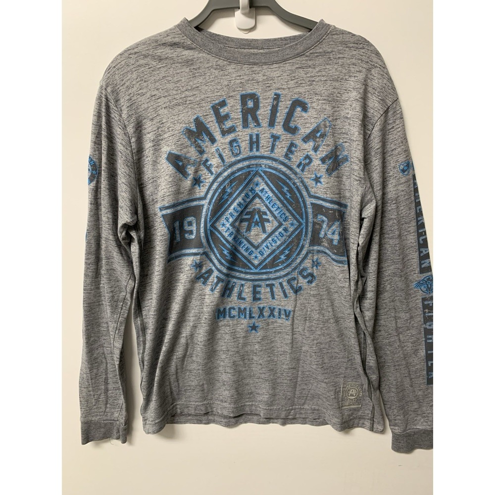 American‎ Fighter Premium Longsleeve Shirt Gray MMA Gym Grunge Biker Large